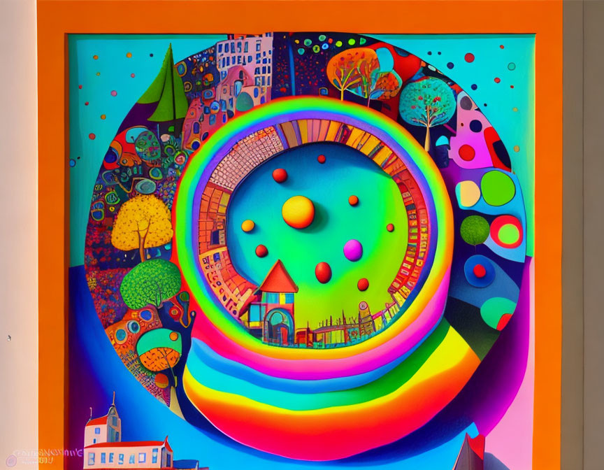 Vibrant Psychedelic Art: Colorful Landscape with Rainbow Swirls