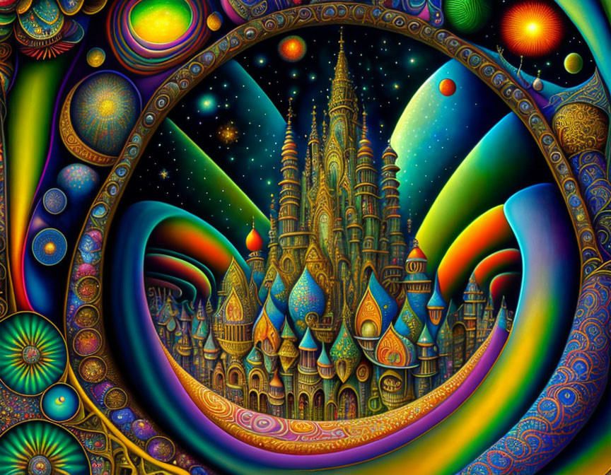 Colorful Psychedelic Artwork: Fantasy Castle with Swirling Patterns