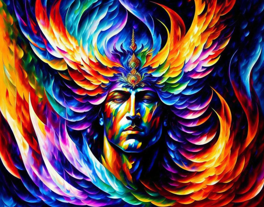 Colorful Human Face with Wings in Psychedelic Rainbow Hues