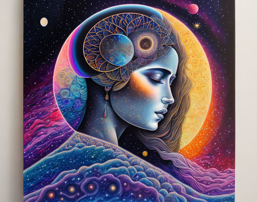 Colorful artwork of a woman's profile with cosmic hair on starry night sky.