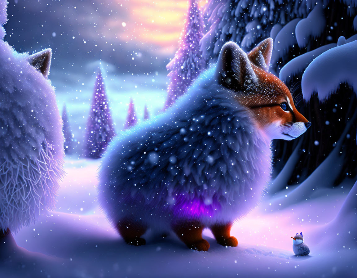 Fluffy fox in snowy twilight forest with colorful lights