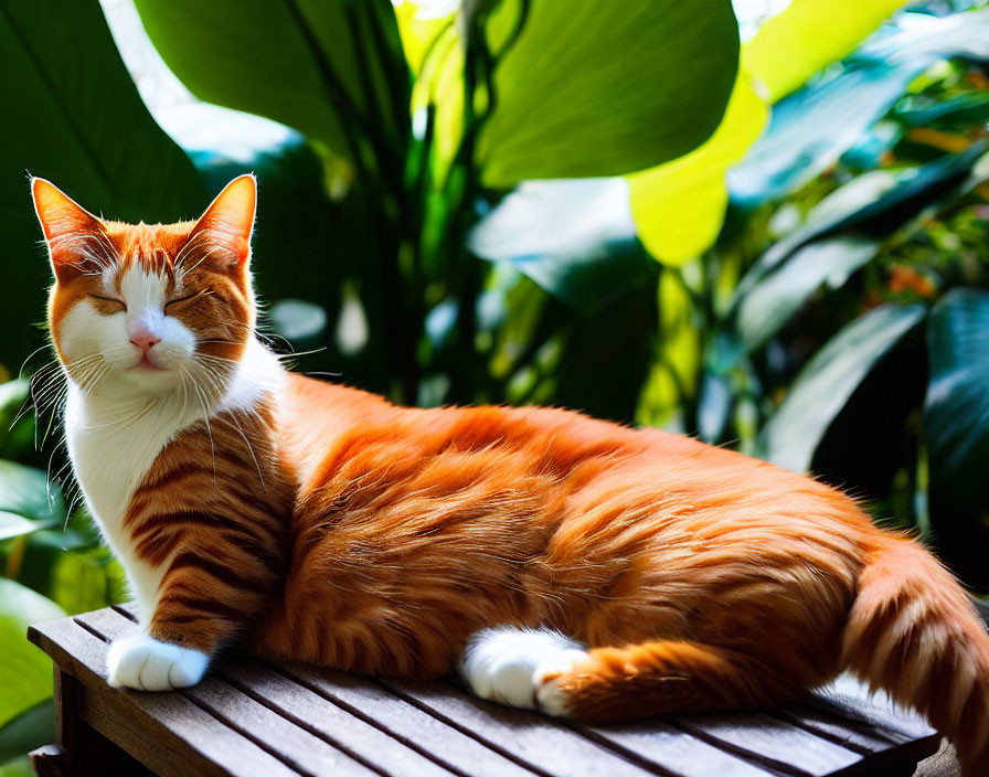 Orange and White Cat Relaxing in Sunlight on Wooden Surface