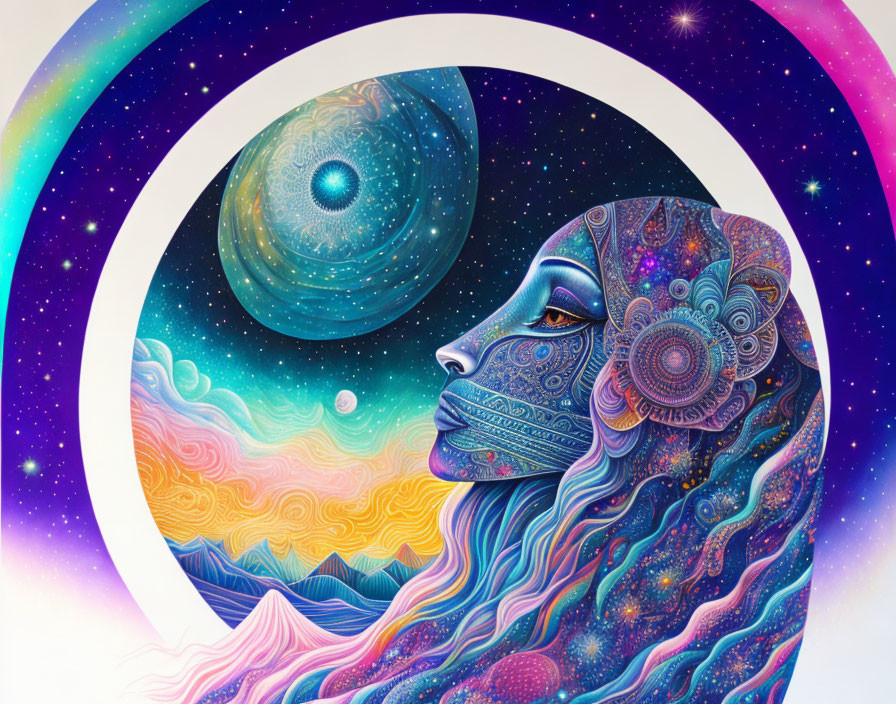 Vibrant digital illustration of woman with celestial pattern gazing at cosmic landscape