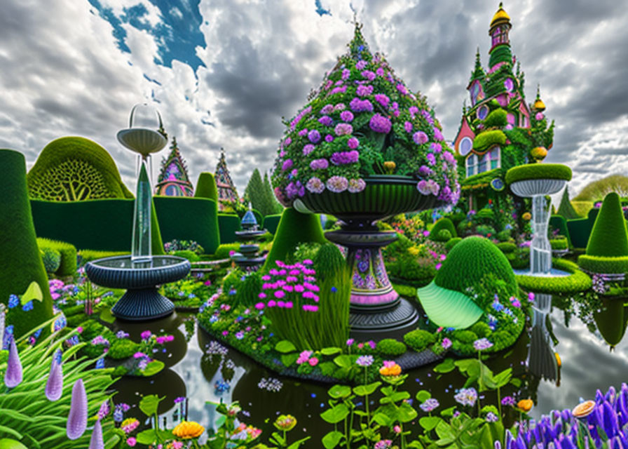 Fantastical garden with colorful topiaries, flowers, and whimsical structures