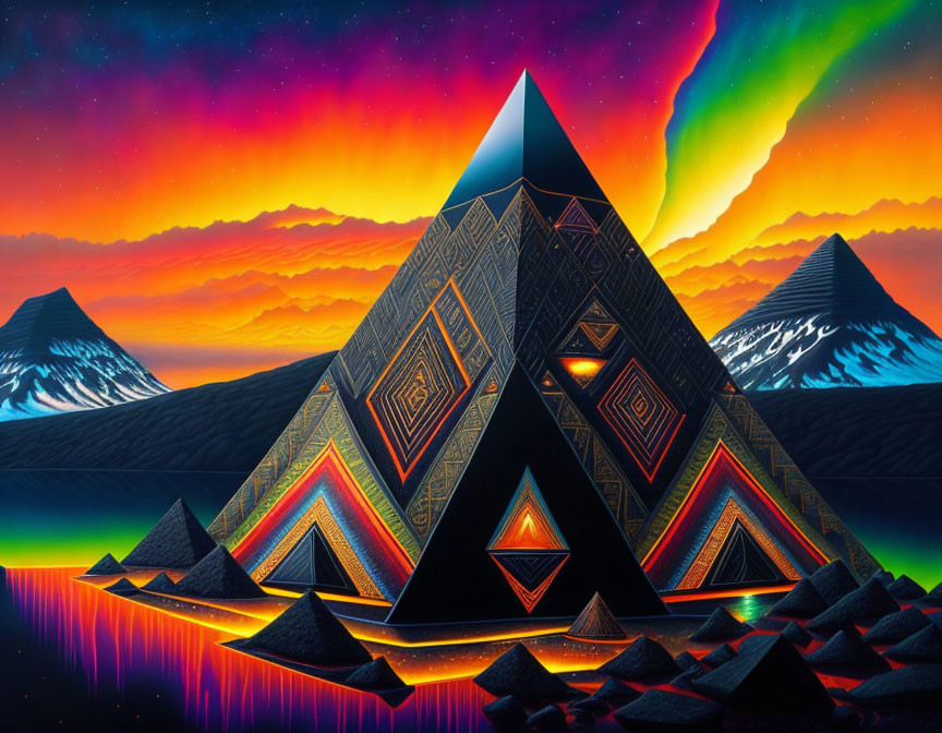 Colorful geometric pyramid in vibrant digital artwork