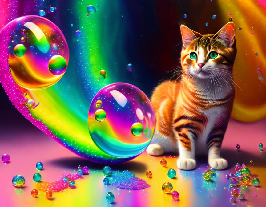 Colorful Digital Artwork: Orange Tabby Cat with Cosmic Background