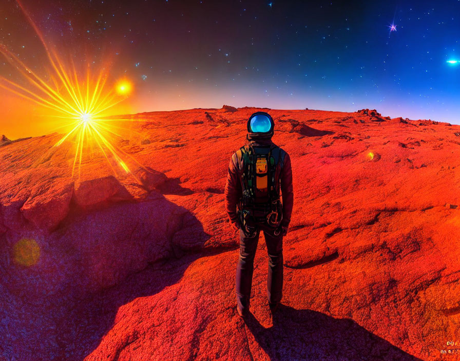 Astronaut on rocky alien landscape with bright sun and stars.