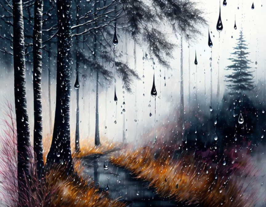 Forest painting with water droplets and rainy ambiance