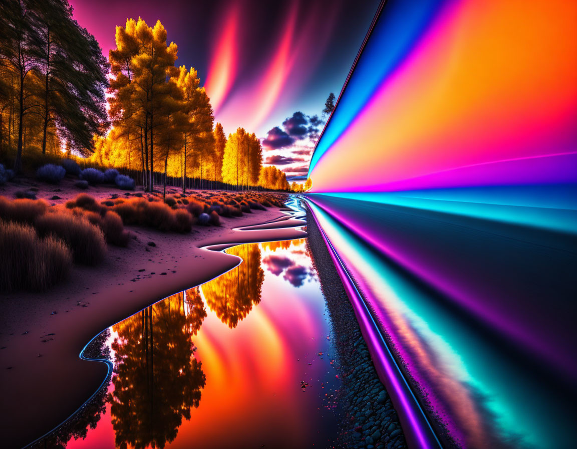 Colorful Sky Reflection in Serpentine River with Lit Trees