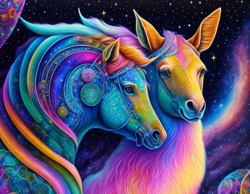 Vibrantly colored psychedelic horses on cosmic starry background