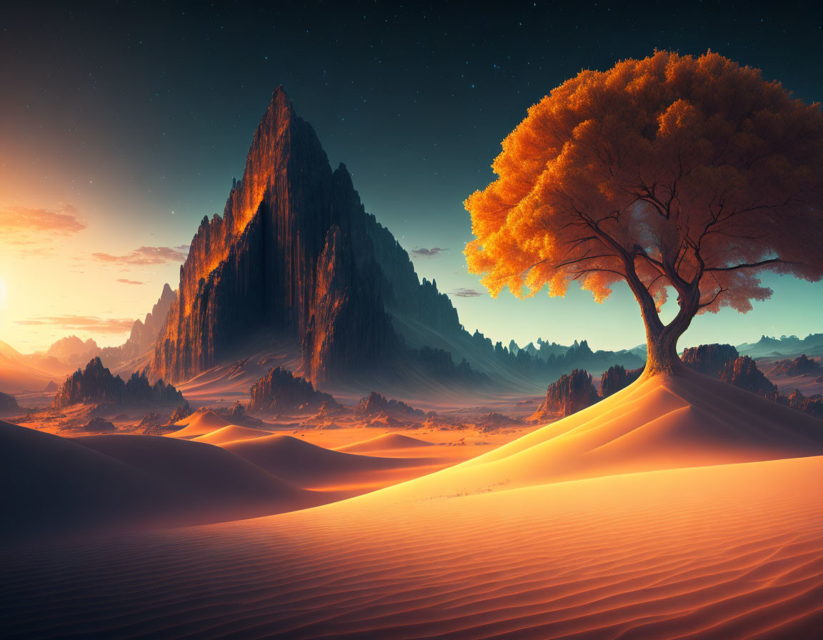 Golden-leaved tree by sand dunes, jagged mountain, twilight sky