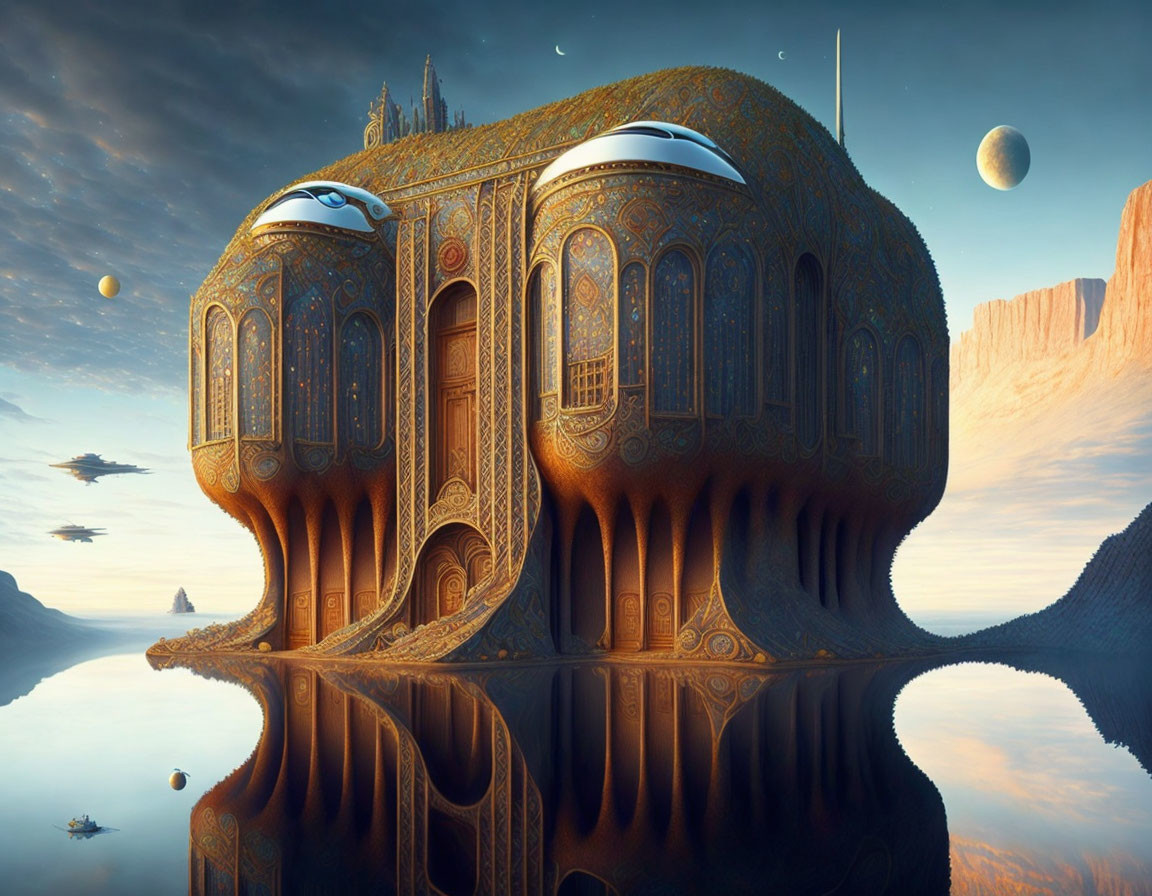 Futuristic building with reflection on water, desert landscape, multiple moons