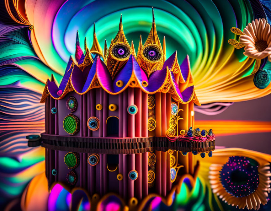 Colorful surreal castle illustration with eye motifs on swirling background.