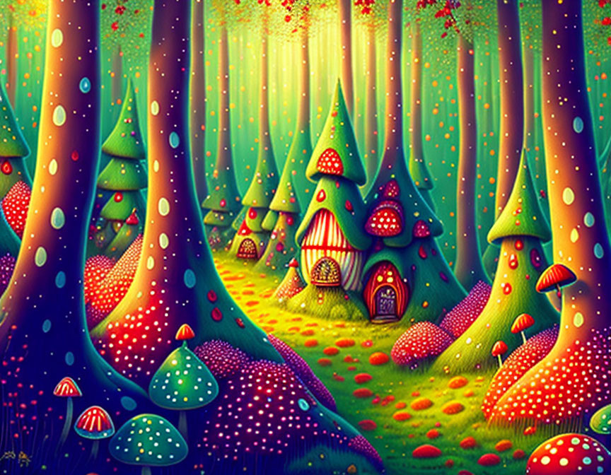 Whimsical forest scene with mushroom-shaped trees and houses