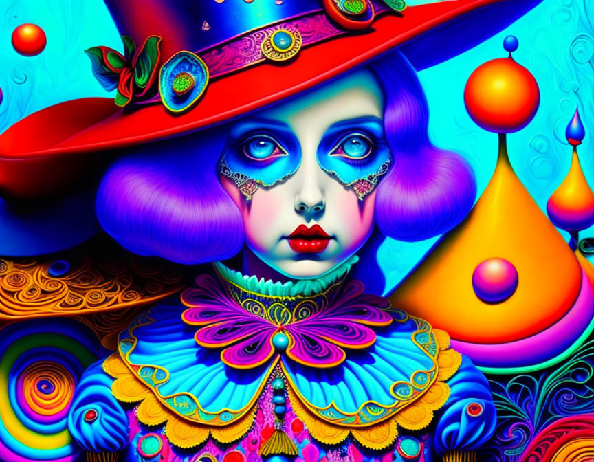 Colorful digital artwork: Exaggerated character in Mad Hatter style against psychedelic backdrop