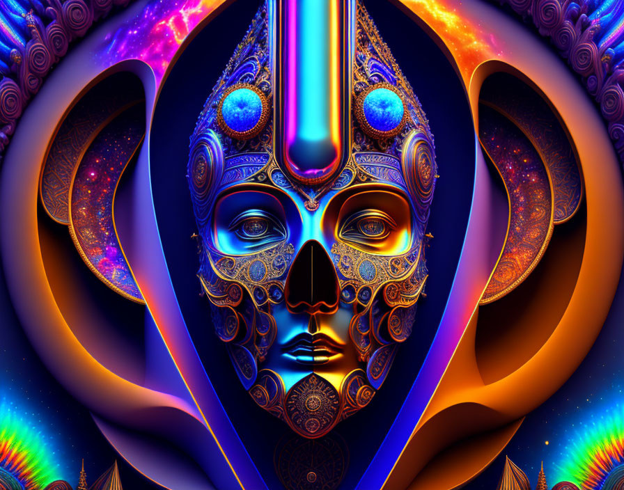 Colorful futuristic face artwork against cosmic background