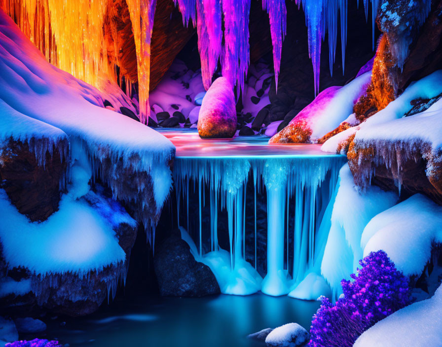 Colorful Lights Illuminate Ice Cave with Icicles and Snowy Rocks