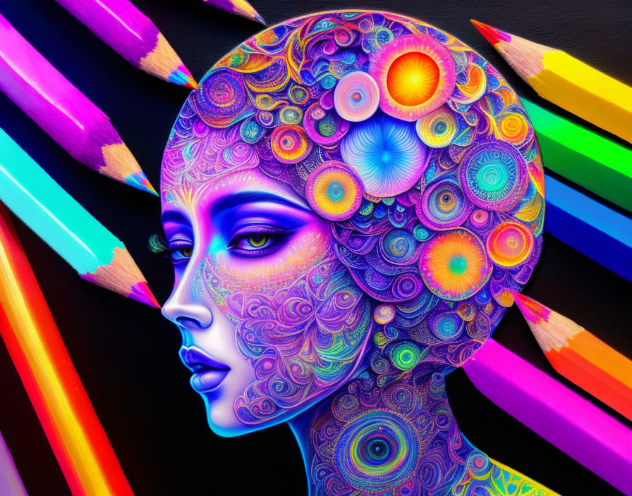 Colorful woman's profile with psychedelic pattern and pencils on dark background