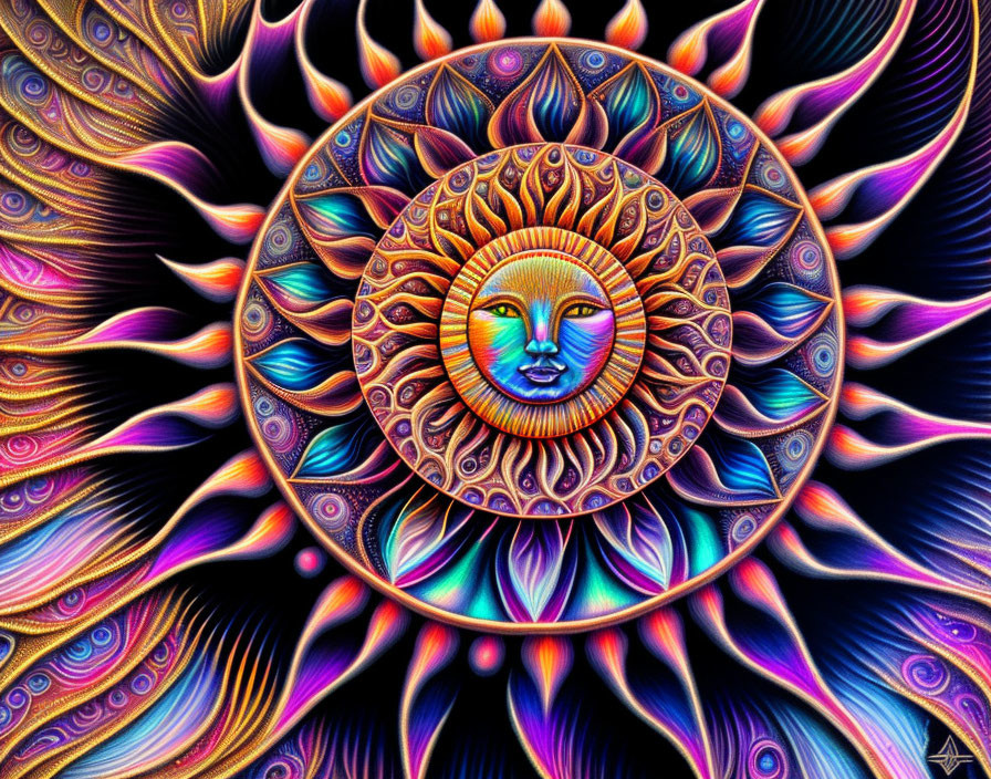 Colorful psychedelic sun with human face in vibrant fractal patterns