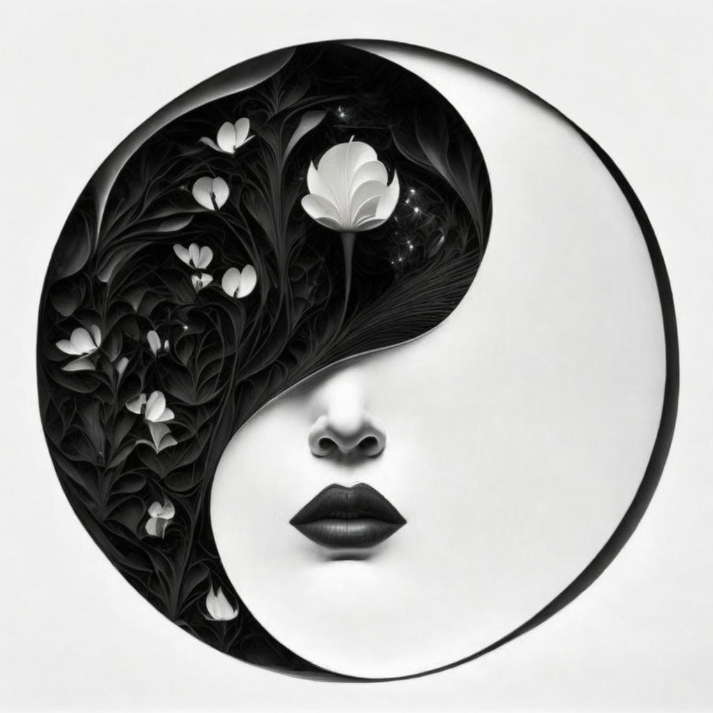 Yin-Yang symbol with woman's profile blending into floral pattern