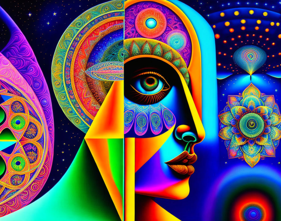 Colorful Psychedelic Art: Stylized Face with Cosmic Patterns