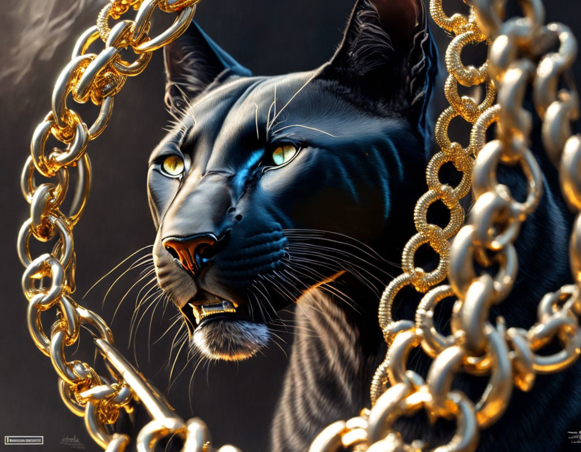 Black Panther Digital Artwork with Yellow Eyes and Gold Chains