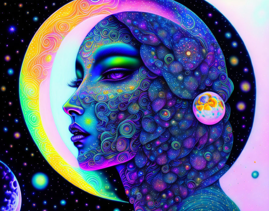 Colorful cosmic female figure surrounded by moon phases and stars in rich hues