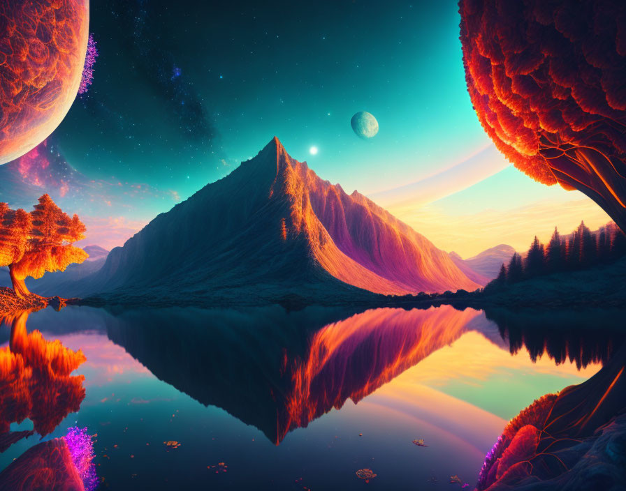 Colorful digital art: orange trees, reflective lake, mountain, large planets in starry sky