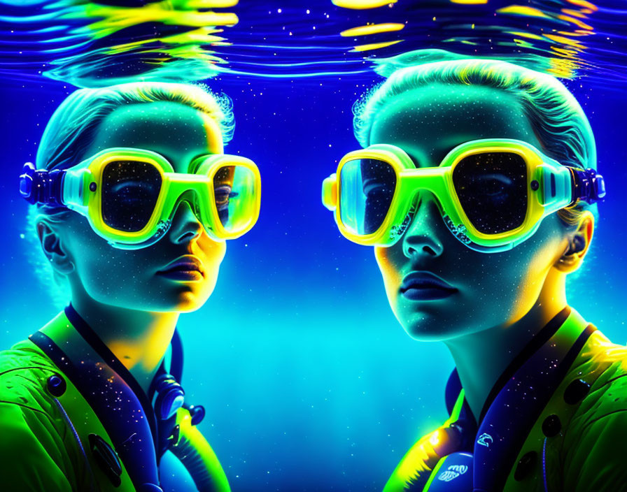 Colorful digital artwork featuring twin women in yellow goggles, neon-lit faces, and water reflections on