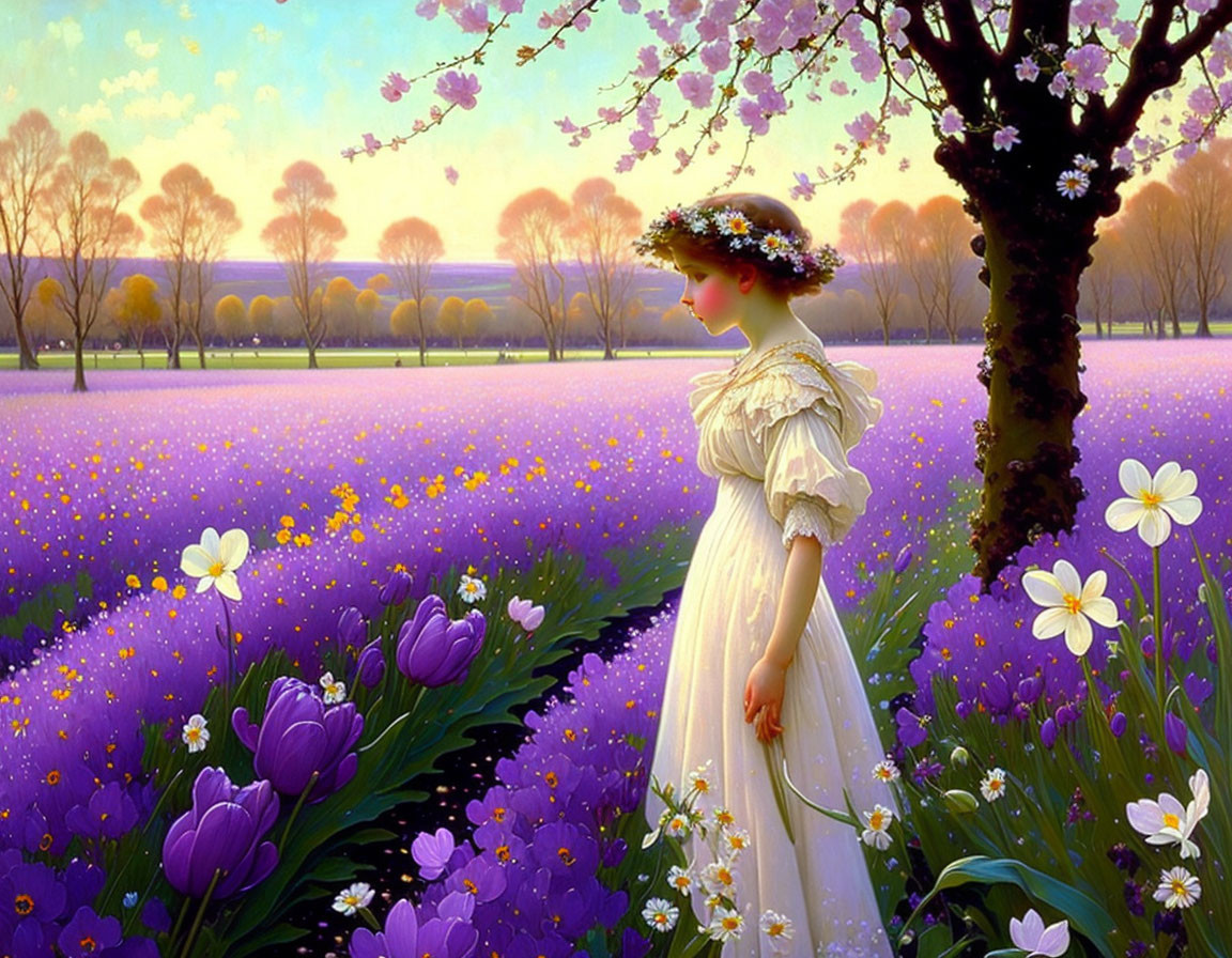 Woman in White Dress Walking Through Vibrant Purple Tulip Field at Dusk