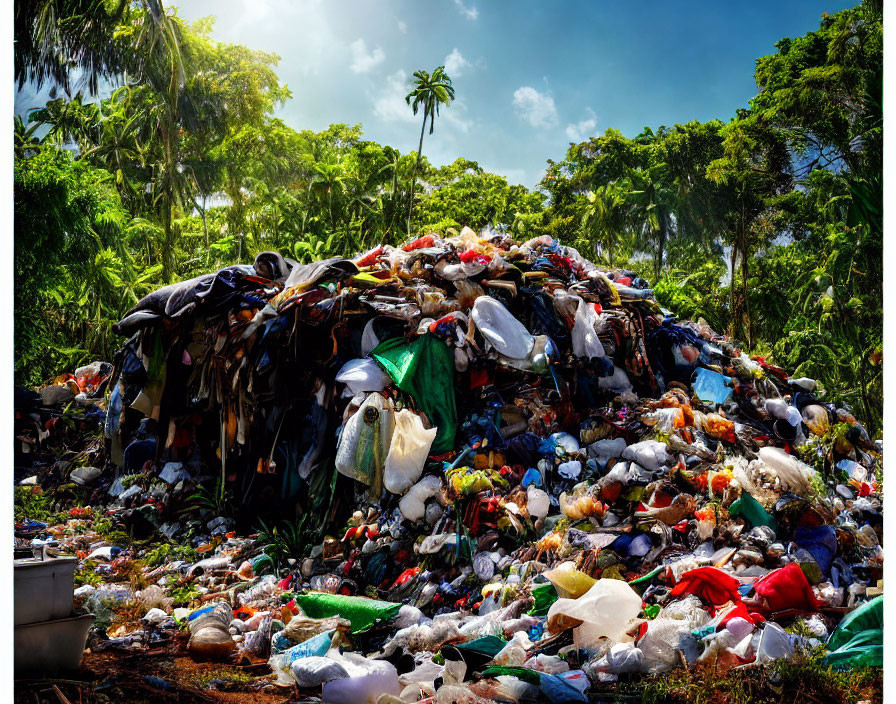 Colorful Waste Pile in Lush Tropical Forest