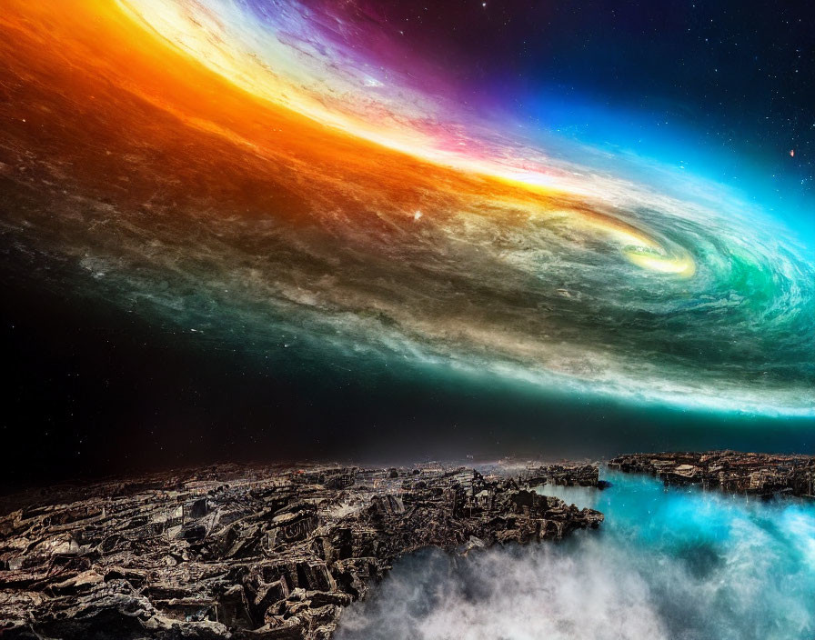 Vibrant cosmic phenomenon above misty ruinous landscape