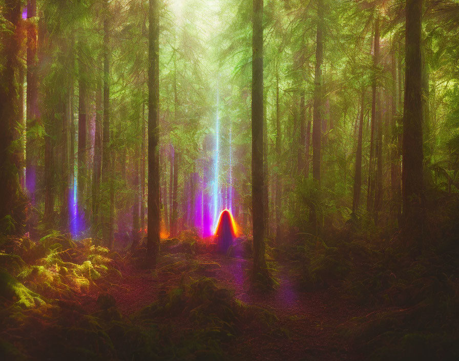 Enchanted forest with vibrant lights and moss-covered trees