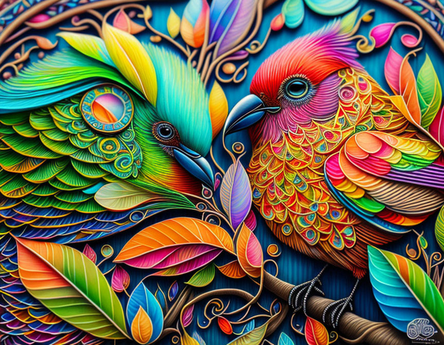 Vibrant bird illustration with intricate patterns and foliage.