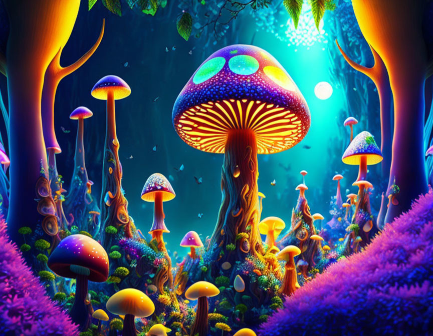 Vibrant digital art: Neon mushrooms, fantastical flora, night sky