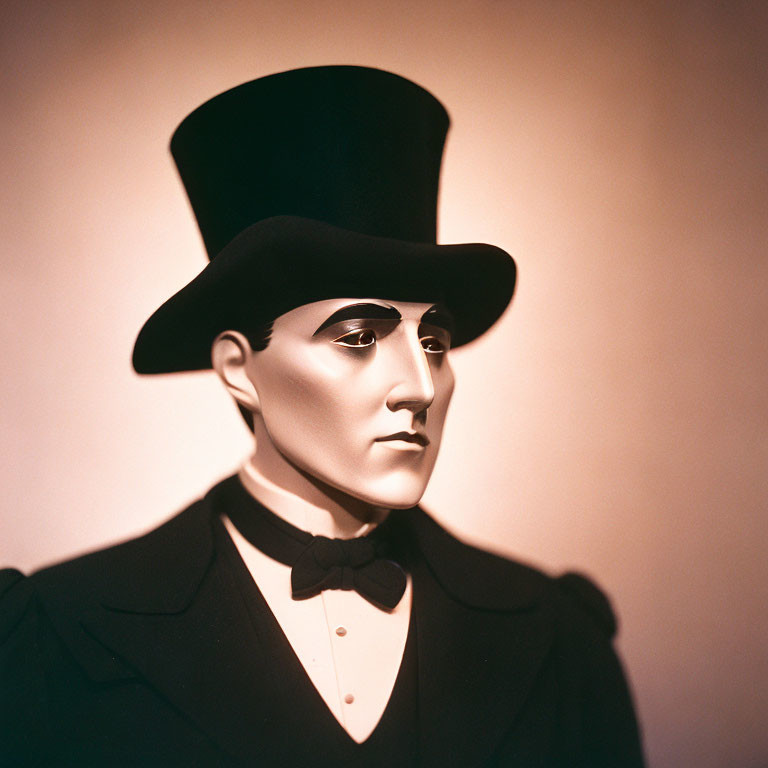 Stoic mannequin in black suit, bow tie, and top hat on gradient background