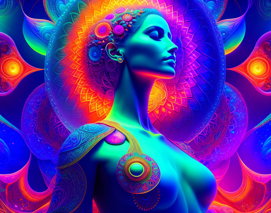 Colorful digital art: Woman's profile with psychedelic halo.