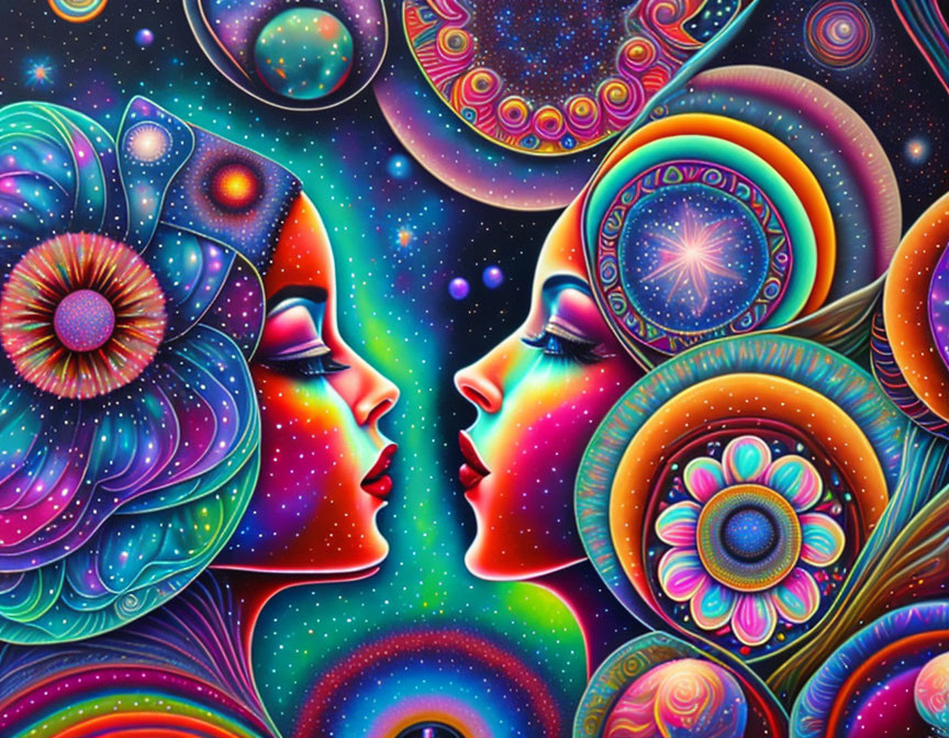 Psychedelic celestial-themed profile faces illustration