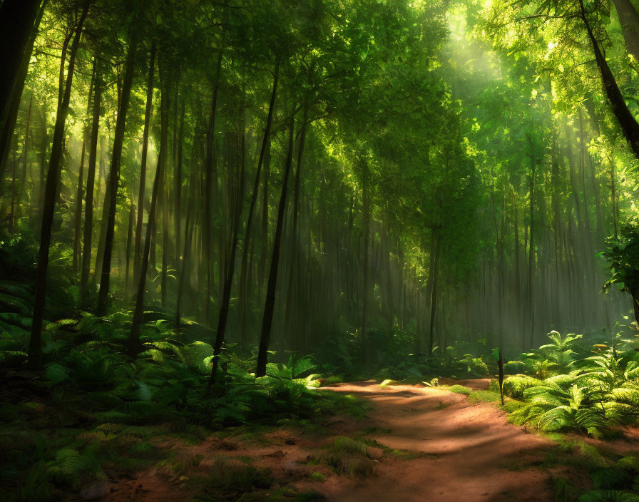 Misty forest scene with sunlight and green ferns