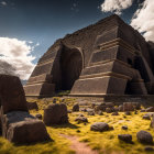 Surreal landscape with classical building and dynamic sky