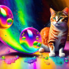 Colorful Digital Artwork: Orange Tabby Cat with Cosmic Background