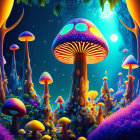 Vibrant digital art: Neon mushrooms, fantastical flora, night sky