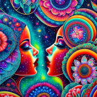 Psychedelic celestial-themed profile faces illustration