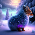 Fluffy fox in snowy twilight forest with colorful lights