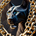 Black Panther Digital Artwork with Yellow Eyes and Gold Chains