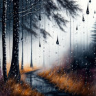 Forest painting with water droplets and rainy ambiance