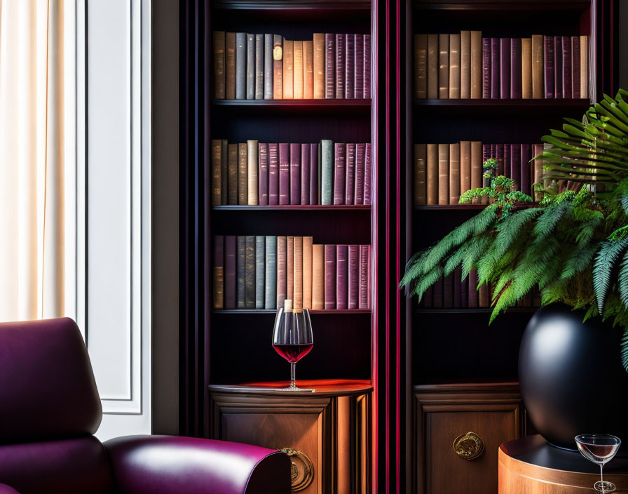 Cozy reading nook with wine glass, plant, books, and window view