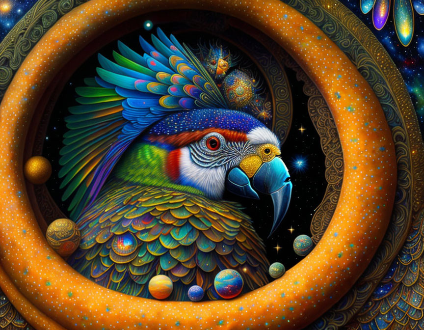 Colorful Parrot Illustration with Cosmic Frame