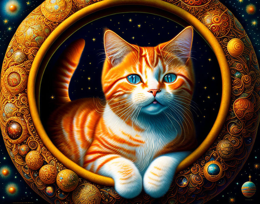 Illustration of Orange Tabby Cat with Glowing Eyes and Crescent Moon