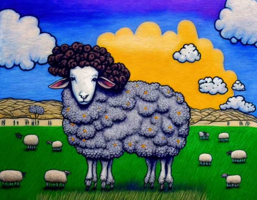 Stylized drawing of fluffy sheep in colorful meadow